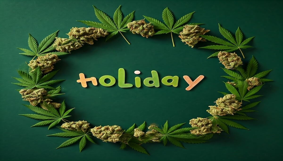 cannabis buds and leaves around the text "holiday"