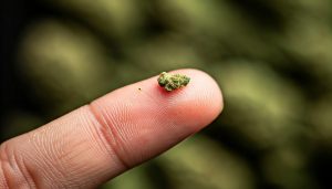 I tiny cannabis bud on a finger