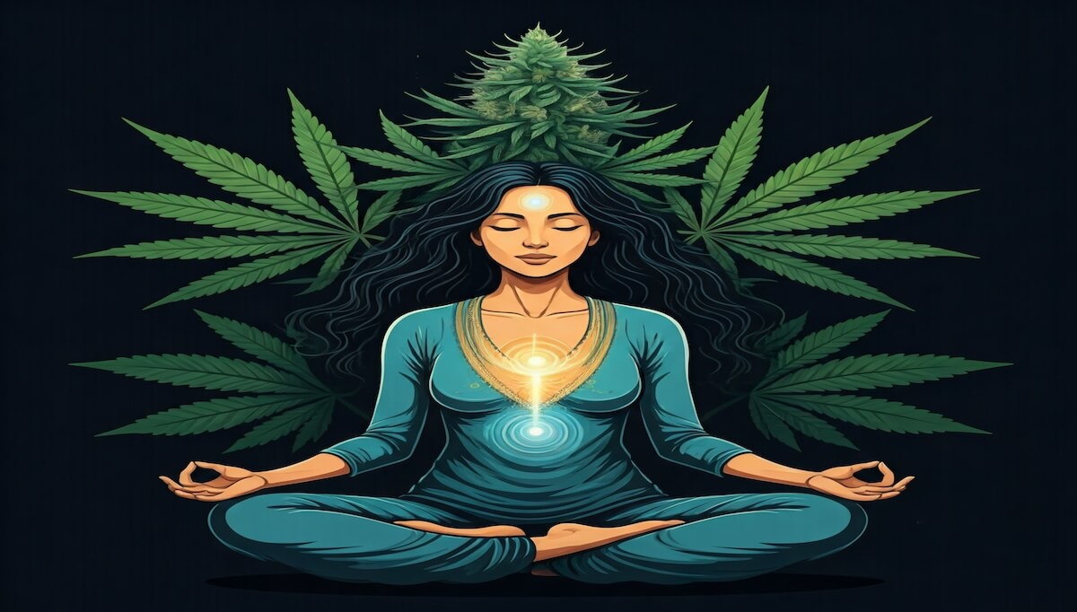 lady meditating with a pattern of cannabis leaves around here