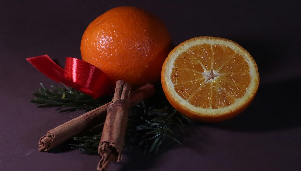 orange slices, cinnamon and pine leaves