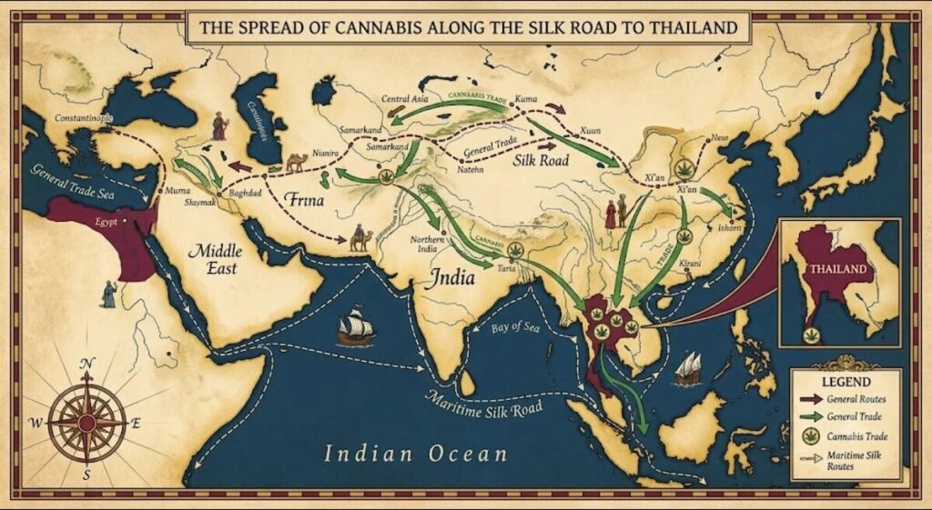 map of silk road that shows cannabis routes to southeast asia